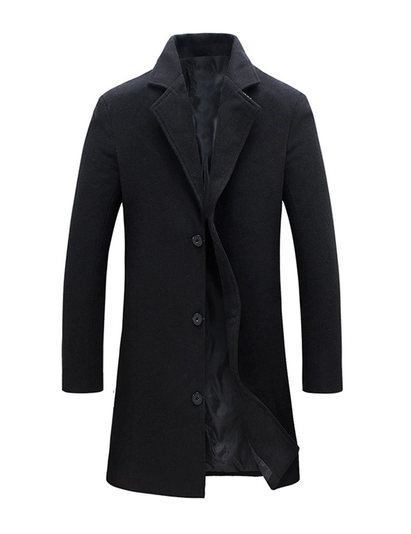 Tanming Mens Black Trench Coat Notched Lapel Single Breasted Long Peacoat Overcoat (Black-XL) - Image 1